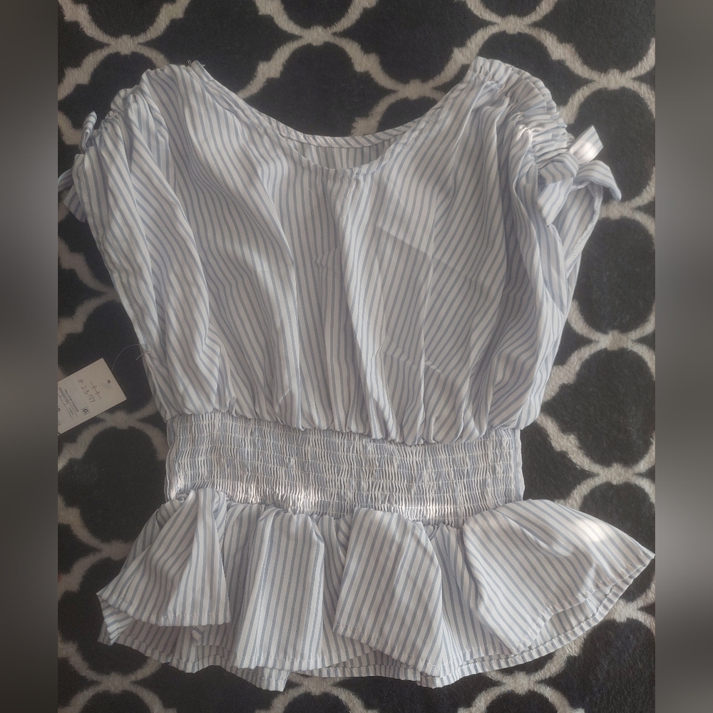 Habitual Girl Blue‎ and White Striped Peplum Blouse